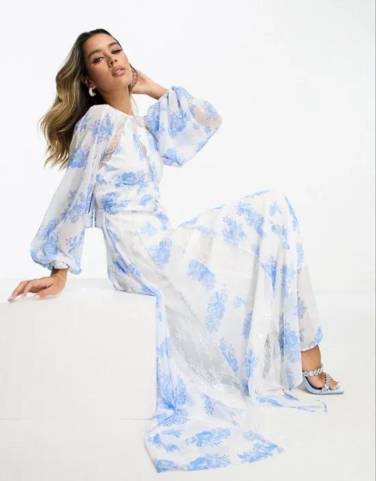 lace insert godet maxi dress in blue floral print
