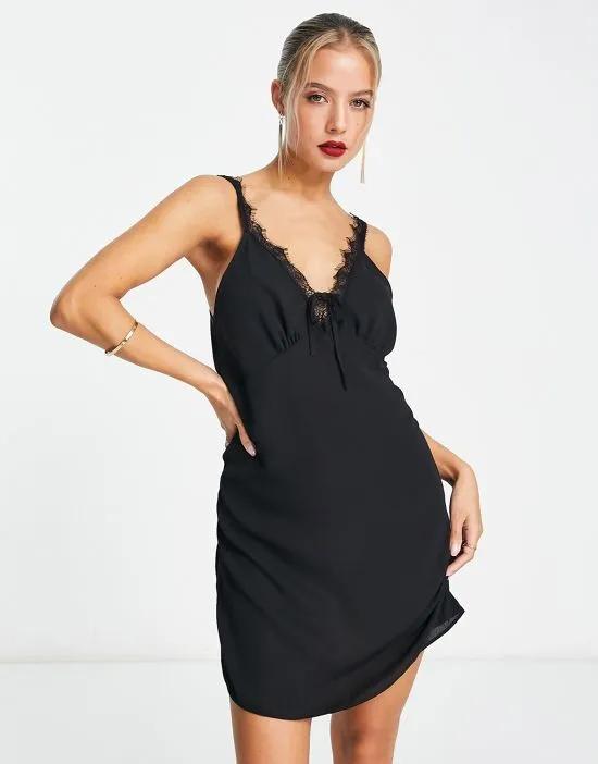 lace insert mini slip dress in black