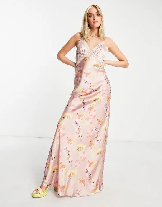 lace insert satin maxi dress in lilac floral
