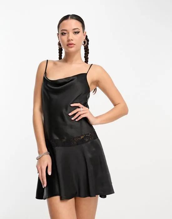 lace insert satin mini cami dress in black