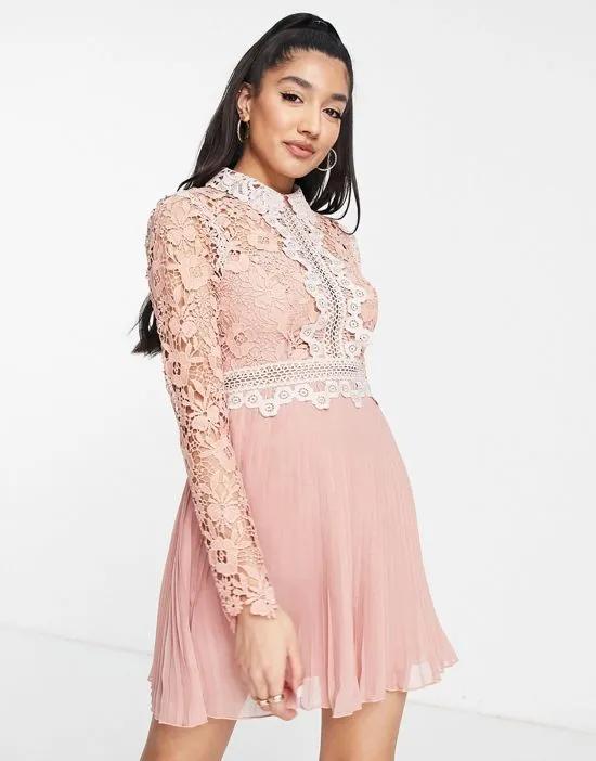 lace mini dress with collar detail and pleated skirt
