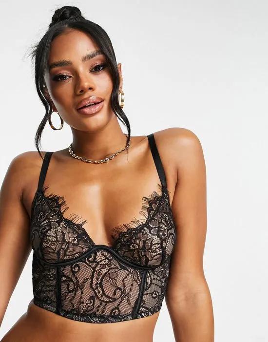 lace plunge corset top in black