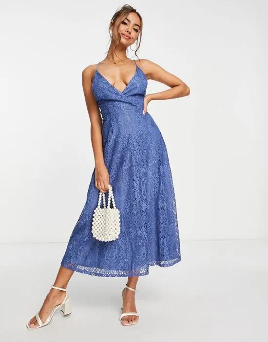 lace prom midi dress with lace up back in blue