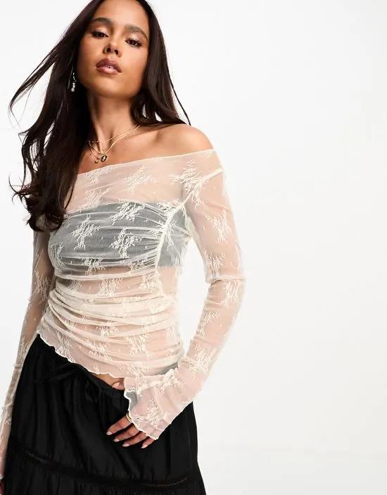 lace sheer long sleeve top in cream