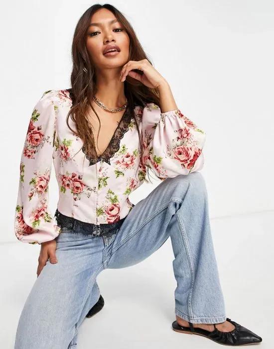 lace trim satin blouse with seam detail in floral print