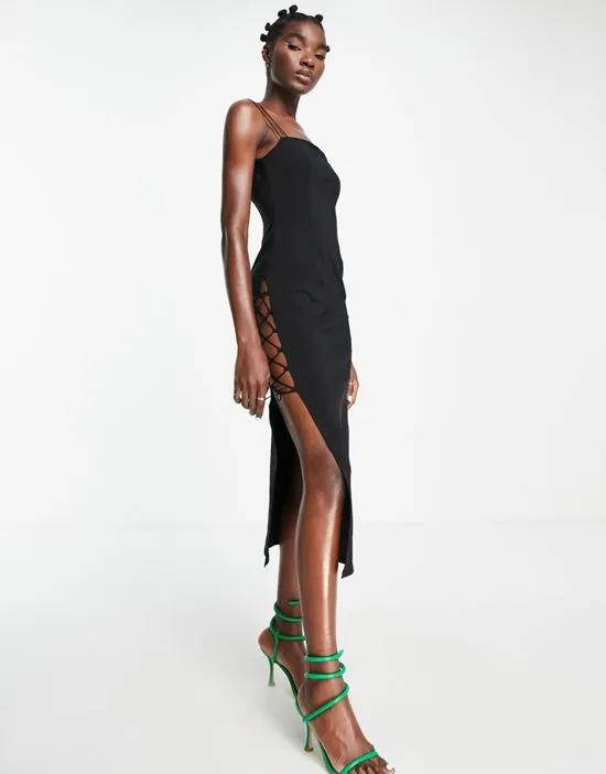 lace up body-conscious midi dress in black