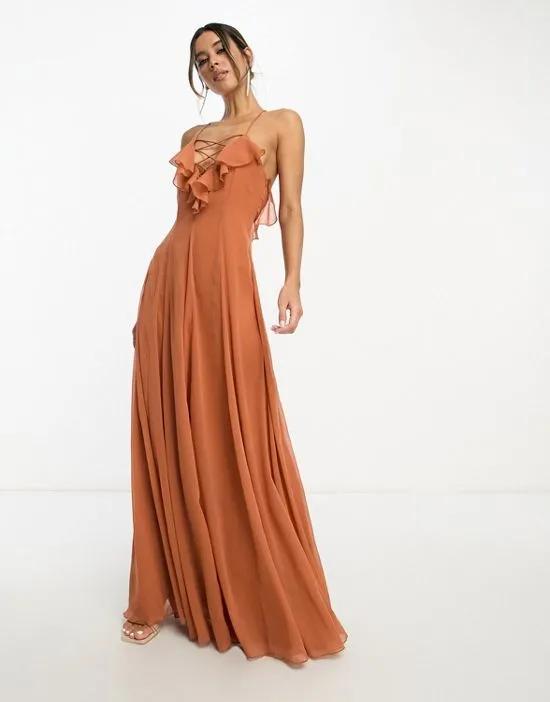 lace up ruffle cami maxi dress with flare in rust
