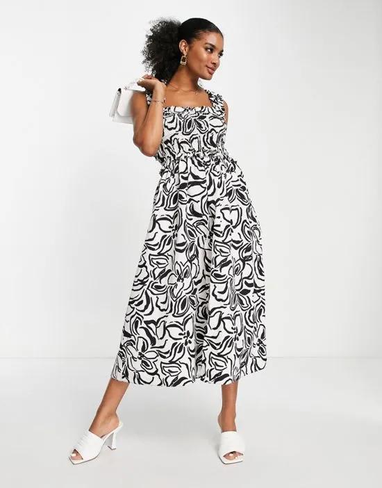 large painted floral midi dress in mono