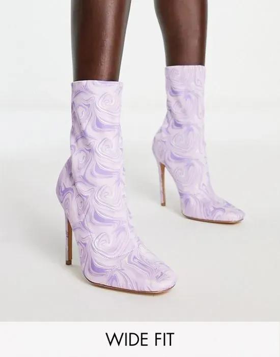 Lars high heeled sock boots in purple swirl print