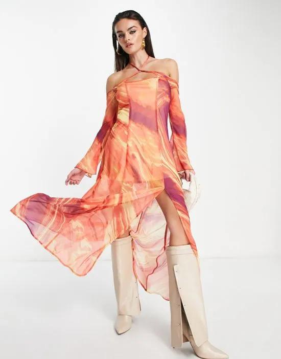 lava print mesh circle trim maxi dress in multi