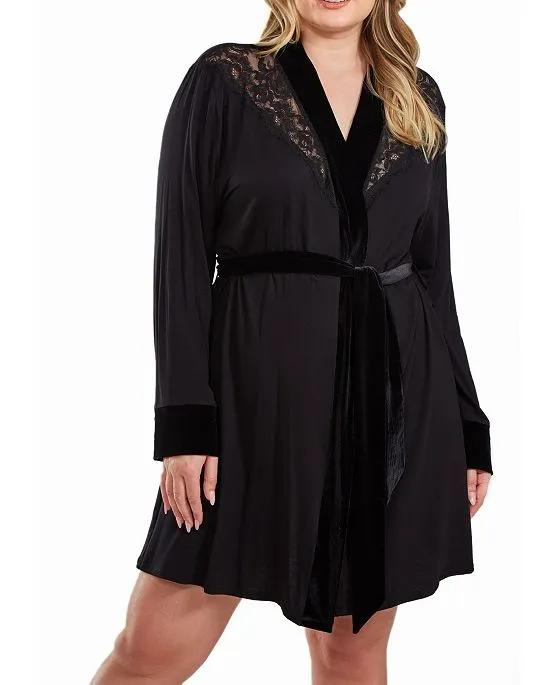 Layna Plus Size Velore and Velvet Lace Trimmed Self Tie Robe