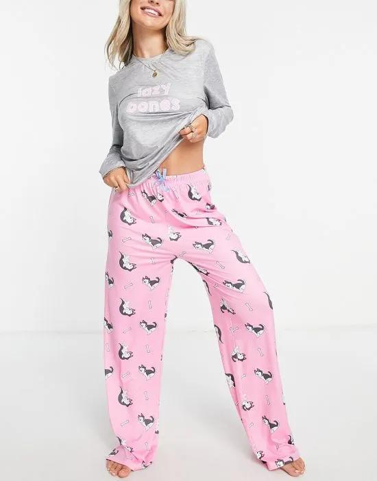 lazy bones pajama set in pink and gray