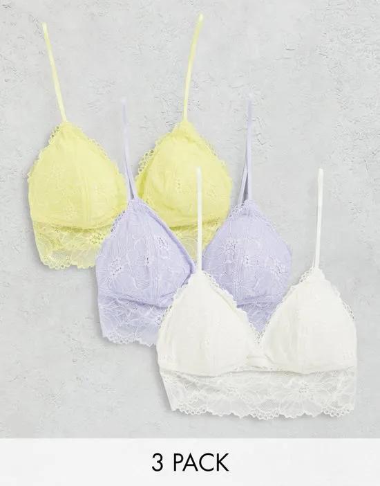 Leah lightly padded longline lace triangle bralet 3 pack in lilac, white & lemon