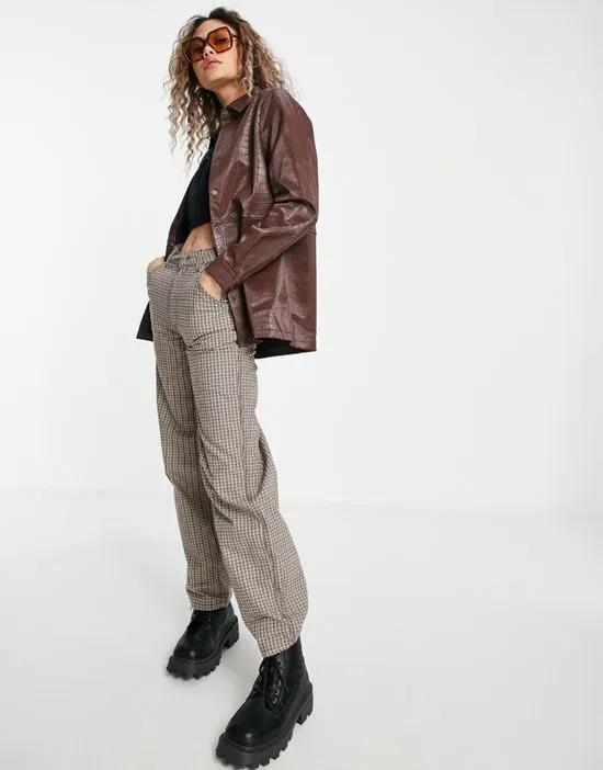 leather look croc shacket in chocolate brown
