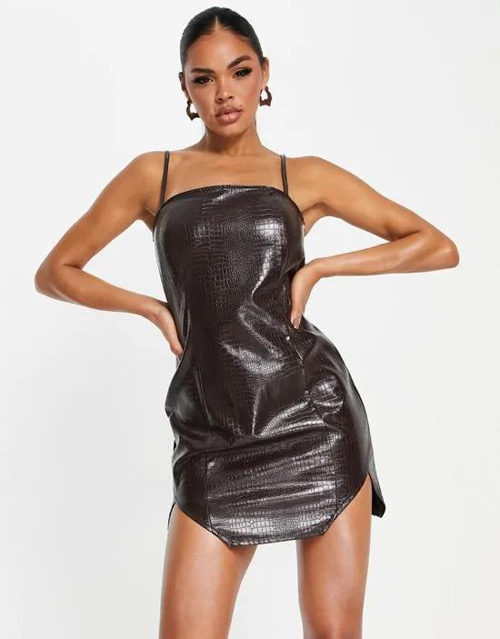 leather look square neck mini dress in chocolate