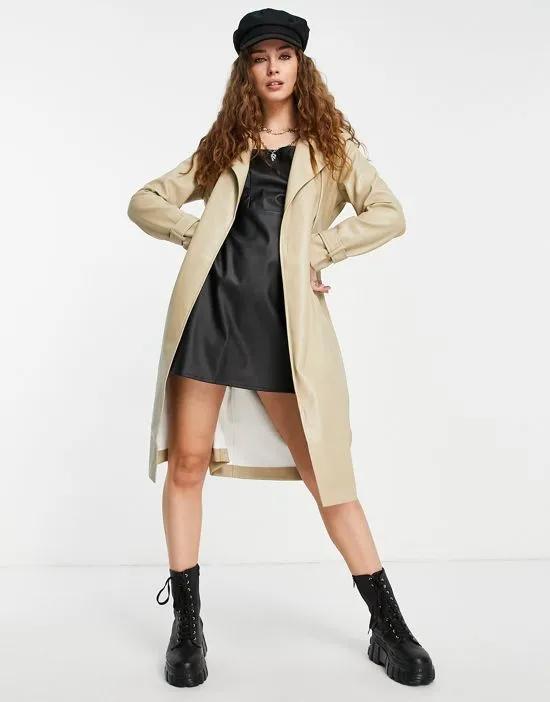 leather look trench coat in sand