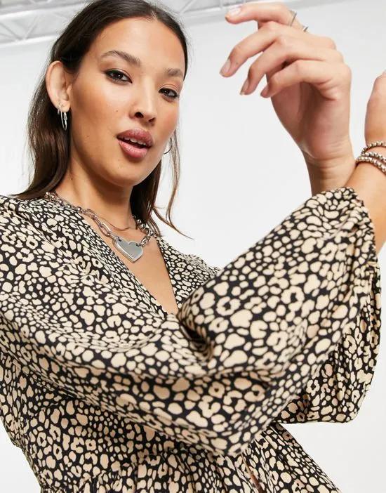 leopard print button front long sleeve tea top in brown