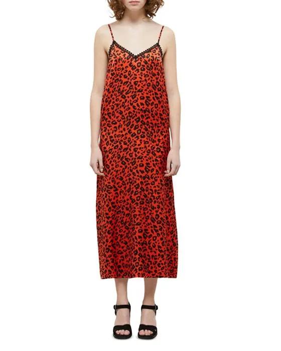 Leopard Print Satin Slip Midi Dress