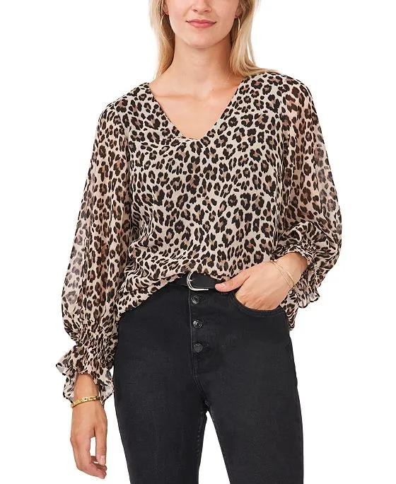 Leopard-Print Smocked-Cuff Top