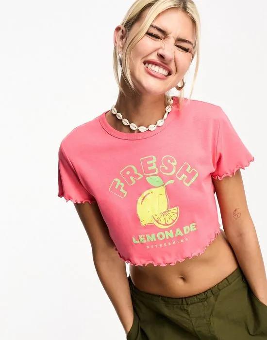 lettuce edge cropped t-shirt with lemon print in pink