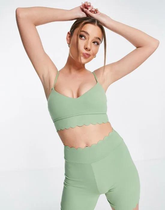 light support polyester sports bra with scallop edge in olive
