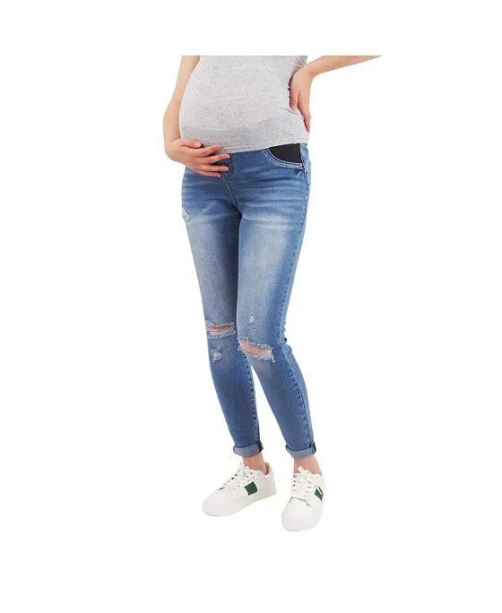 Light Wash Butt Lifter Distressed Maternity Jeans With Belly Band
