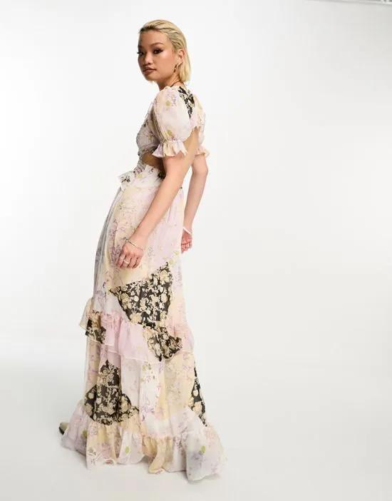 limited edition maxi ruffle dress with open tie back in floral print