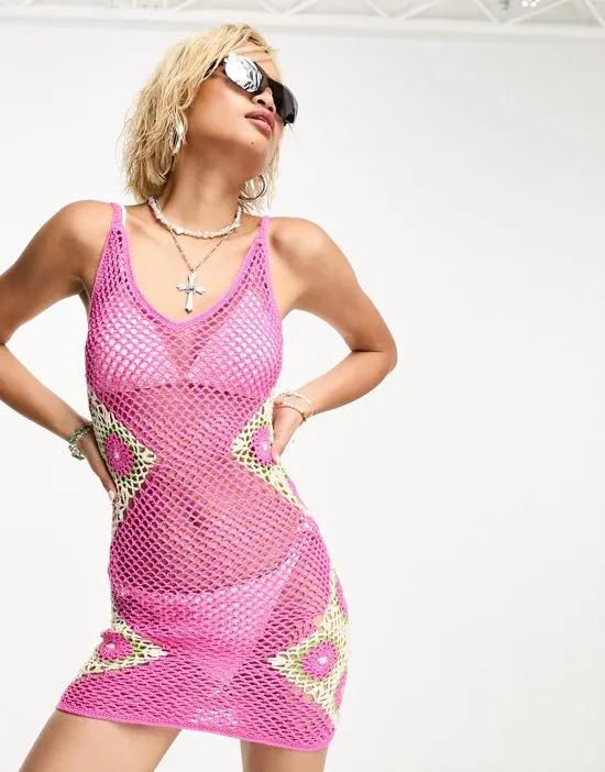limited edition summer crochet festival mini dress in pink