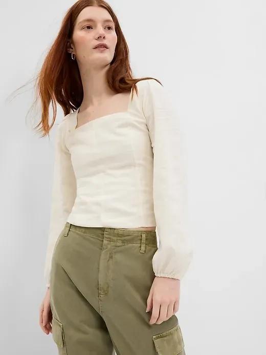 Linen-Blend Puff Sleeve Top