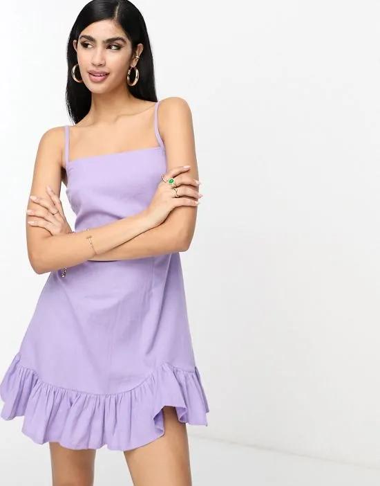 linen cami mini sundress with ruffle hem in lilac