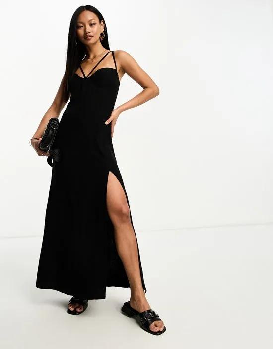 linen cupped maxi slip sundress with cut out back in black
