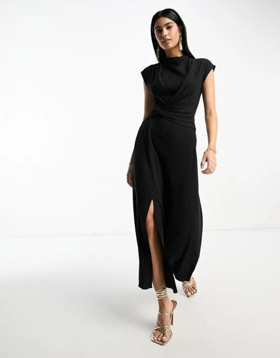 linen high neck twist front midi dress in black