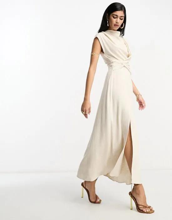 linen high neck twist front midi dress in natural