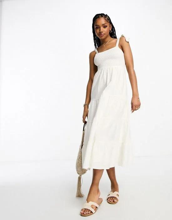 linen look frill strap tiered maxi dress in ivory
