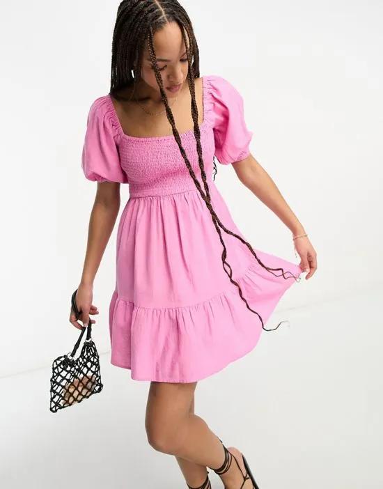 linen look shirred puff sleeve mini dress in pink