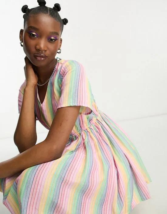 linen mini smock dress in rainbow stripe