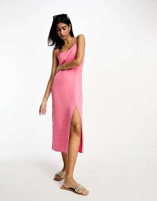 linen touch cami midi dress with slit front in pink