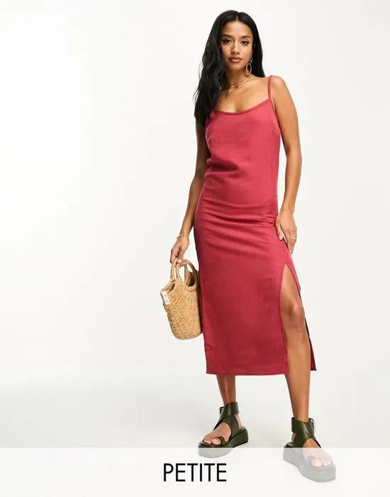 linen touch cami midi dress with slit front in terracotta