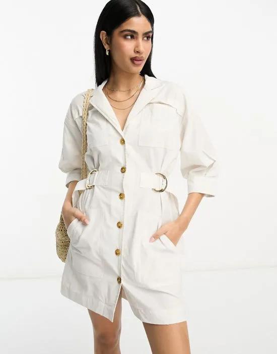linen utility batwing shirt mini dress with nipped in waist in ivory
