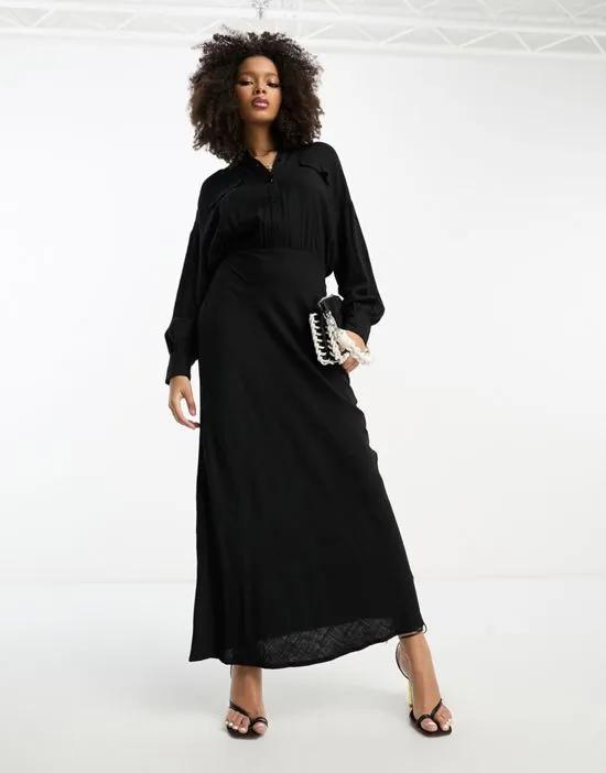 linen utility maxi belted shirt dress in black