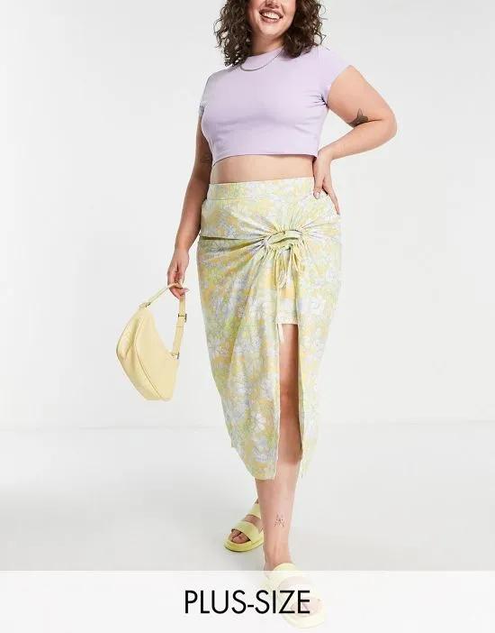 linen wrap midi skirt in yellow floral