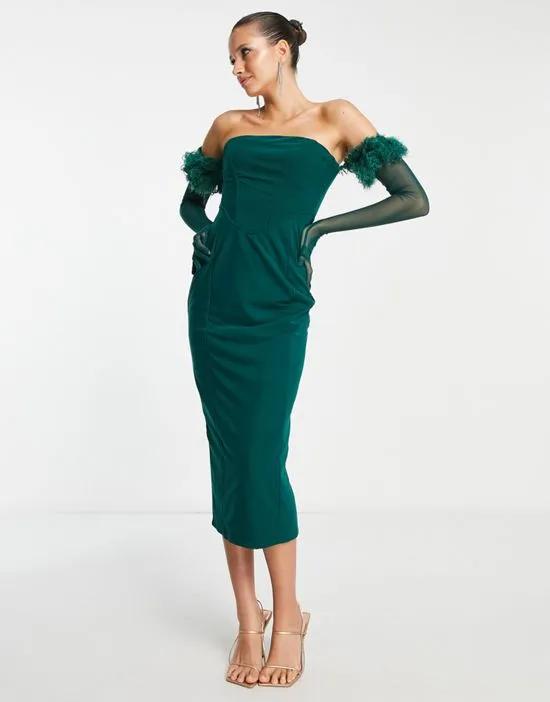 London bandeau corset midi body-conscious dress with faux feather gloves in green