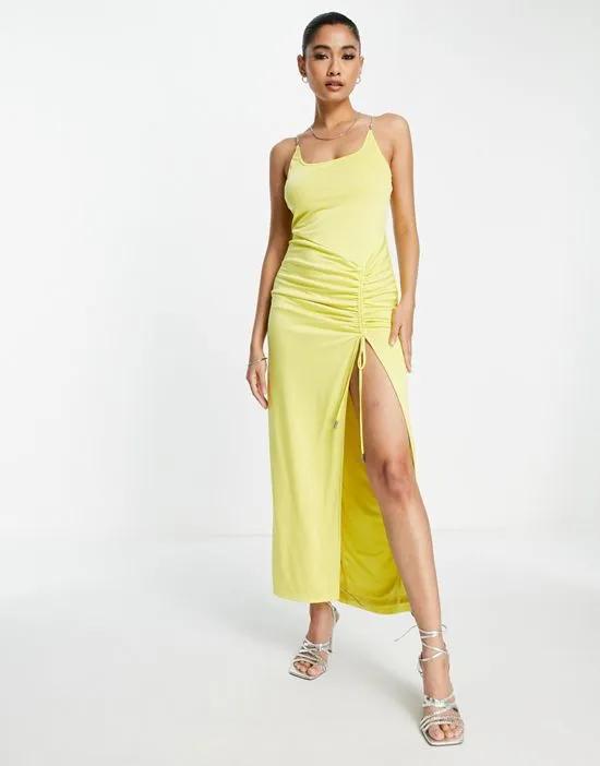 London chain cami strap maxi dress with thigh split in mustard