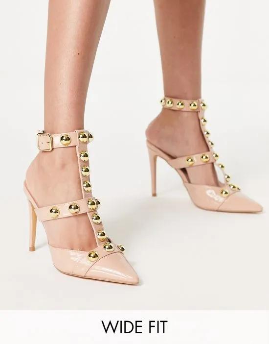 London Rebel wide fit studded strappy heeled shoes in beige