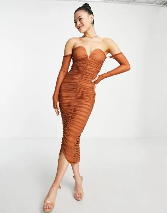 London ruched midi dress with gloves in cinnamon