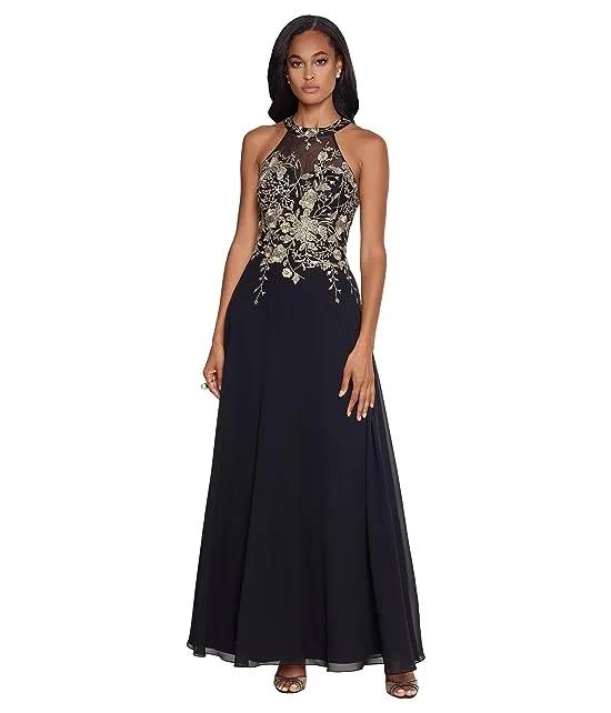 Long Embroidered Halter Chiffon Gown
