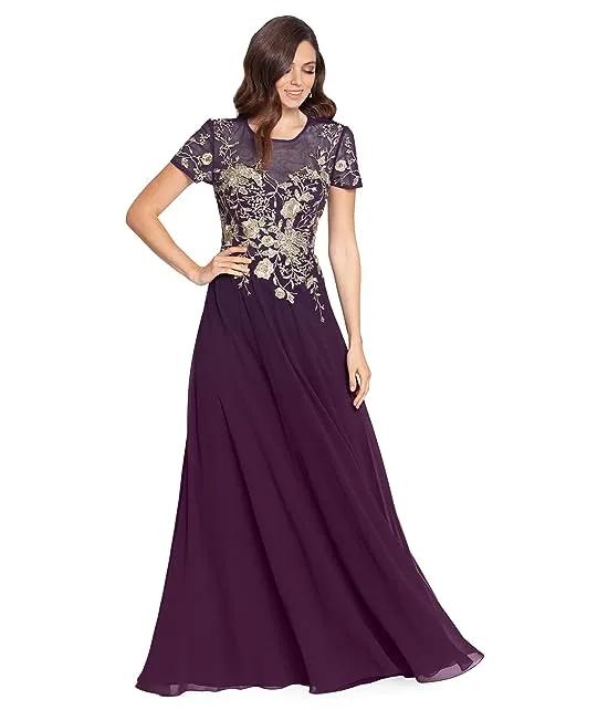 Long Embroidered Short Sleeve Chiffon Gown