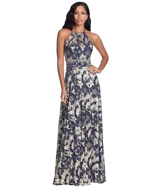 Long Foil Print Halter Gown with Wrap Skirt