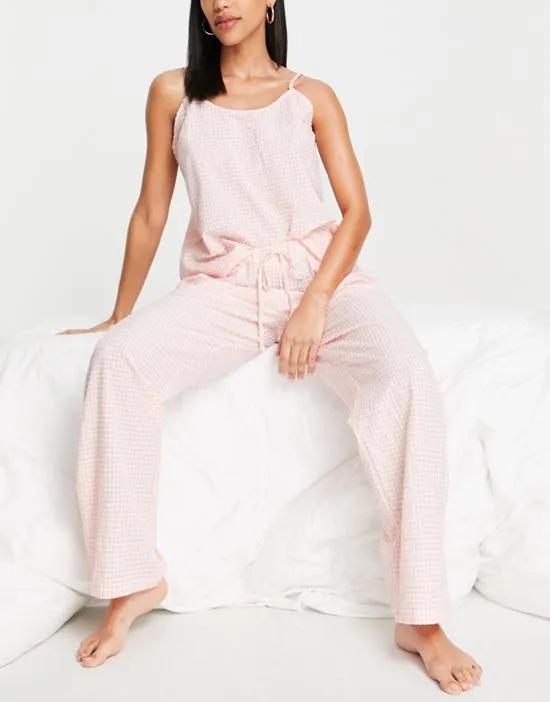long pajama set in pink gingham plaid