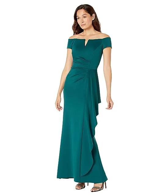 Long Scuba Off-the-Shoulder Dress with Side Ruffle